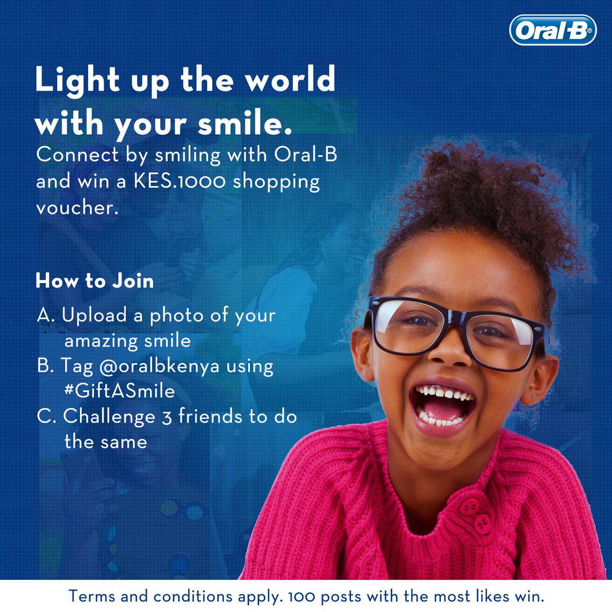 Oralbkenya's tweet photo. We all could use a little cheer, right? By joining #GiftASmile challenge , we will spread the cheer by giving away 100 shopping vouchers worth Ksh.1000 to 100 posts with the most likes!
@Brianmbunde are you up for the challenge?
*T and C apply.
#GiftASmile #OralBKenya https://t.co/vm71EE9yO5
