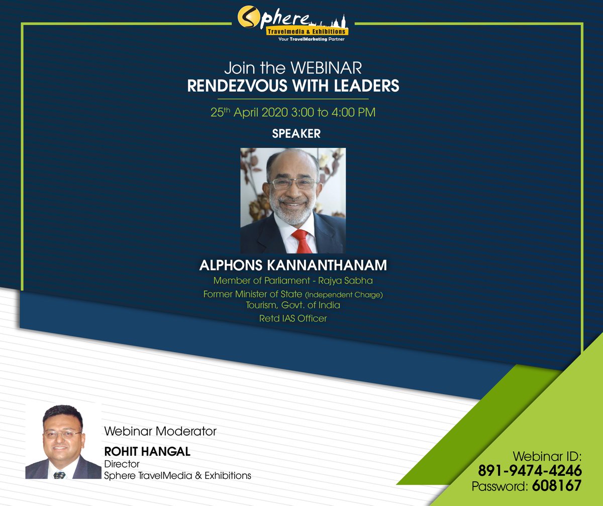 SphereTravelMed's tweet photo. The Indian tourism industry and the Comeback saga! 
Listen to Alphons Kannanthannan, in our webinar.
Register now to join the webinar: https://t.co/J660SHGg8F…/register/WN_M-hTQP0UT6mEada46vt3Ew

Webinar ID: 89194744246
Password: 608167
When: 25th April 2020 at 3:00 to 4:00pm https://t.co/gSR52LjOfW