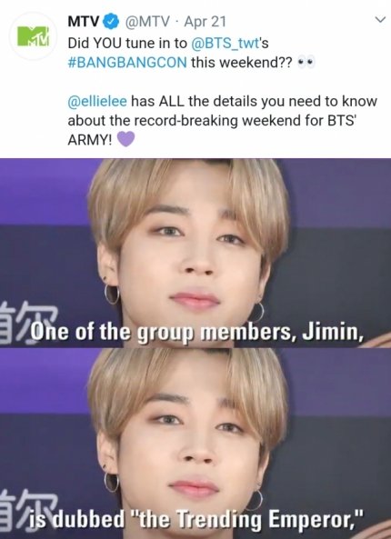 US MTV praised Jimin, dubbed the "Trending Emperor," on Twitter after trending for 11 consecutive hours around the world during BTS' "Bang Bang Con"Jimin trended in 59 countries with 89 trends and 1.19M mentions during "Bang Bang Con" first day http://naver.me/59AajiBM 