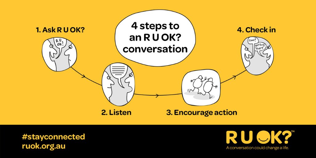 ruokanyday's tweet photo. We all have the power to start a conversation that could change a life! Do you know the four steps to ask R U OK?

Learn them now at https://t.co/ixU5j6GLta

#stayconnected #RUOK #RUOKEveryday https://t.co/qDrwMk6HBv