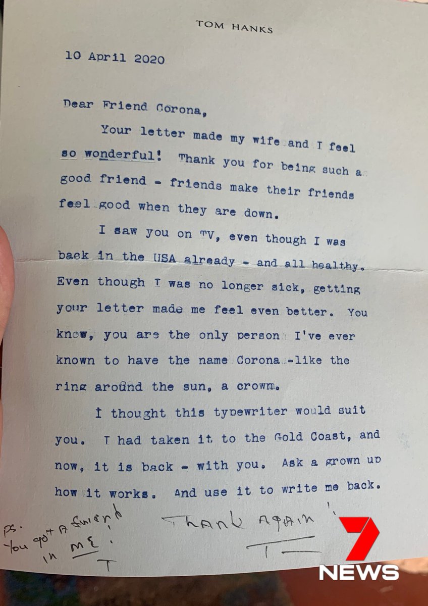 7NewsGoldCoast's tweet photo. .@tomhanks has written a heart-felt letter to a young Helensvale boy named Corona. The 8-year-old was being bullied at school and decided to write to the Hollywood superstar and his wife @RitaWilson, after they were diagnosed with Coronavirus. https://t.co/6l2nzFJNn5 #7NEWS https://t.co/H02WF2dRCx