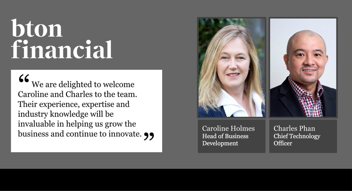 BtonFinancial's tweet photo. Excited to announce that regulatory expert Caroline Holmes and former hedge fund CTO Charles Phan have joined the BTON Financial management team to meet demand for our outsourced dealing desk #assetmanagement #outsourcing https://t.co/SkPnhxVBBW https://t.co/i9csuPLLPp