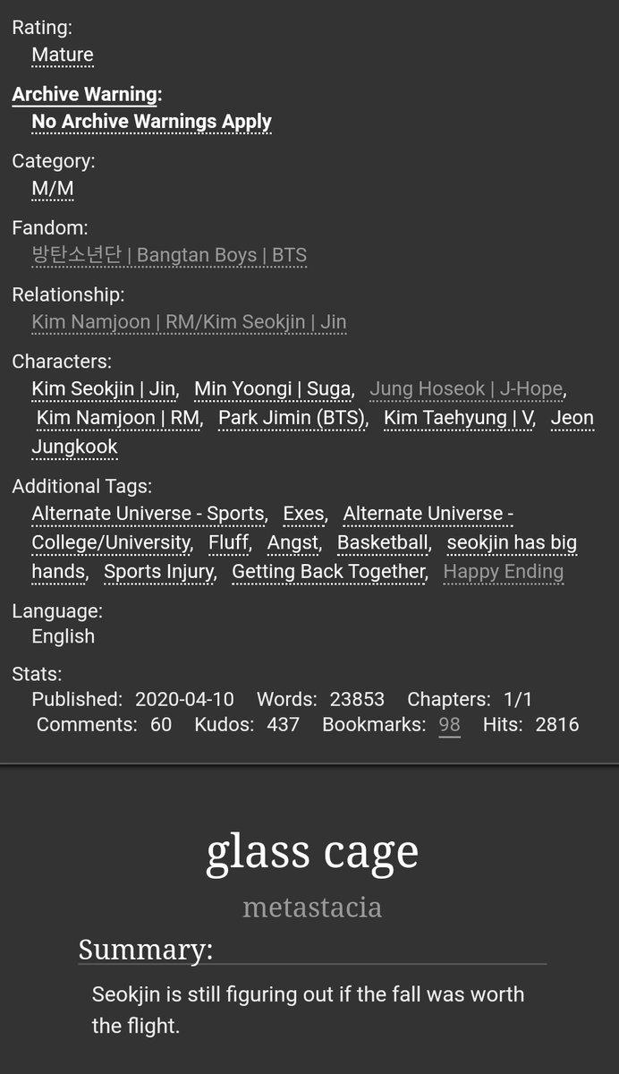glass cage by  @bokunohiro_ #namjin. completed. basketball au. seokjin center.  http://archiveofourown.org/works/23583115 