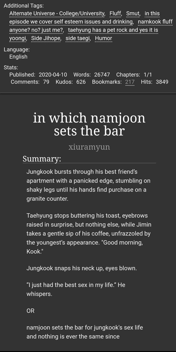 in which namjoon sets the bar by  @xiuramyun #namkook. completed. kim namjoon changed jeon jungkook's life and standards.  http://archiveofourown.org/works/23584849 