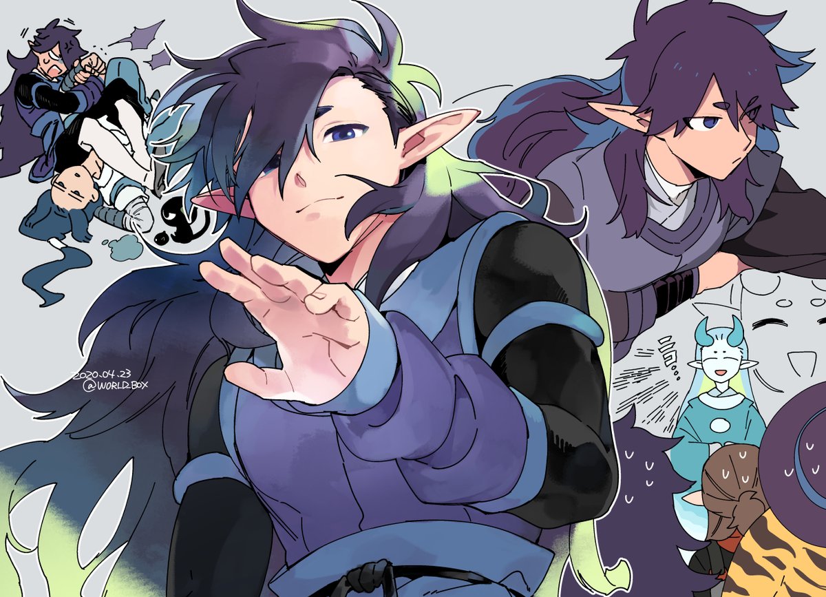 multiple boys pointy ears long hair multiple views white outline purple hair long sleeves  illustration images