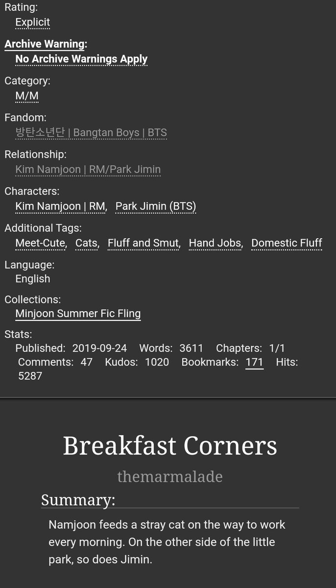 Breakfast Corners by  @themarmalade #minjoon. completed. jimin and a cat. that should be enough.  http://archiveofourown.org/works/20583656 