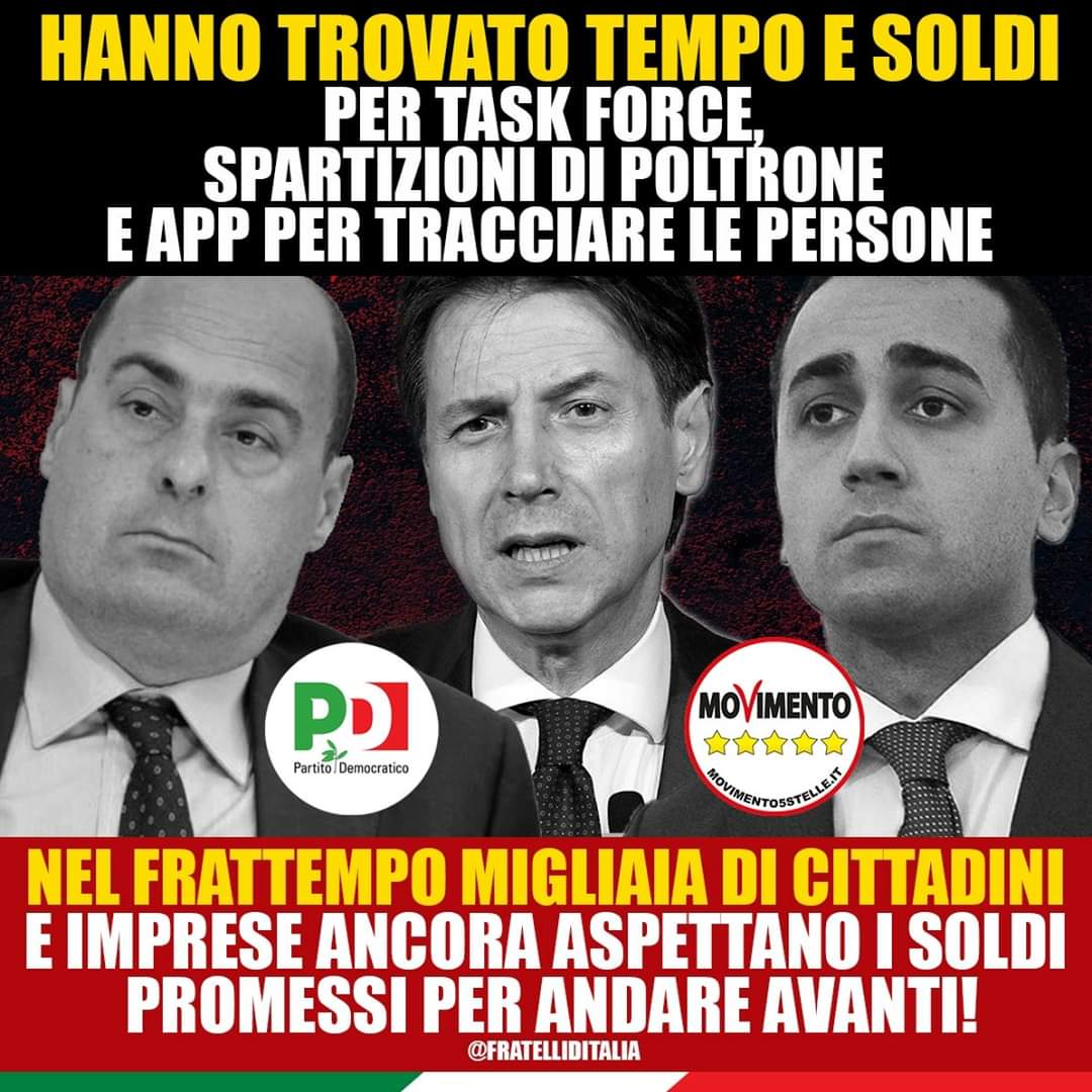 GiorgiaMeloni's tweet photo. Mentre il Governo trova tempo e denaro per task force, app di tracciamento e spartizioni di poltrone, a oggi migliaia di cittadini e imprese attendono ancora risposte e soldi promessi per arrivare a fine mese. Meno proclami e più risposte, gli italiani non possono attendere oltre https://t.co/y66ZeWLeu4
