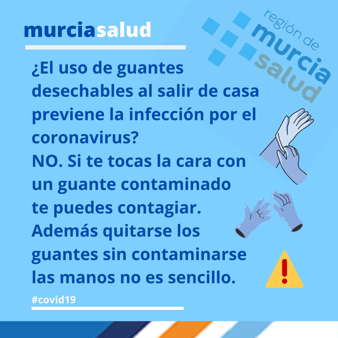 Murciasalud's tweet photo. #BuenosDías 

Hacer un uso correcto de los #guantes no es sencillo
Si te tocas la cara con los guantes contaminados te puedes infectar
Recuerda que quitarse los guantes sin contaminarse las manos no es fácil
#LavateLasManos  después de su uso
 
#Murciasalud #COVID19 #LavaTusManos https://t.co/dOUUzoFRqA