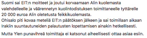 pesukarrhu's tweet photo. Normaalissa maassa kansallisen yleisradioyhtiön päätoimittaja ja turvapaikanhakijan valekuolemasta nyyhkystoorin sepittänyt toimittaja saisi potkut. Suomessa asiasta ei edes kysytä vastuuministeriltä eikä uutisoida. How fucking low can you go? #Valemedia #AliGate @yleuutiset https://t.co/R8MkqNPKEI