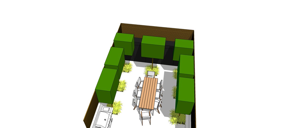 aptstudios's tweet photo. This is a sketch-up model of a small walled garden we designed and built in Chelsea with an invisible bespoke shed, porcelain tile flooring, simple planting around the bottom of the pleached trees and cedar trellis to create privacy.  #aptstudios #gardendesign #courtyard https://t.co/0s3ocgOPfp