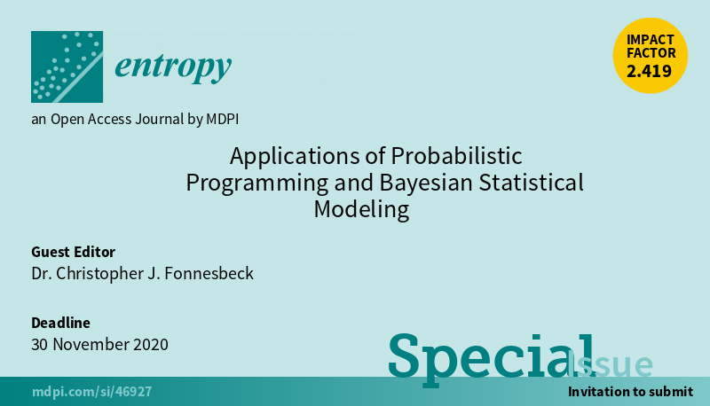 Entropy_MDPI's tweet photo. New Special Issue "Applications of Probabilistic Programming and Bayesian Statistical Modeling", edited by Dr. Christopher J. Fonnesbeck, is open for submission! https://t.co/TgxZ8g8443
#Probabilisticprogramming
#Bayesianstatistics
#Statisticalapplications
#Statisticalcomputing https://t.co/1BMpEDsyNT