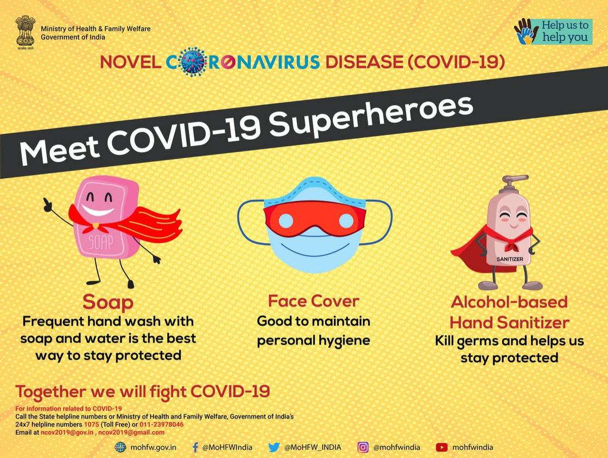 #IndiaFightsCorona:

Let us follow basic preventive measures to stop the spread of #COVID19. 
Share this information and help us to help you.

#HealthForAll #CoronaOutbreak #SwasthaBharat #Lockdown2