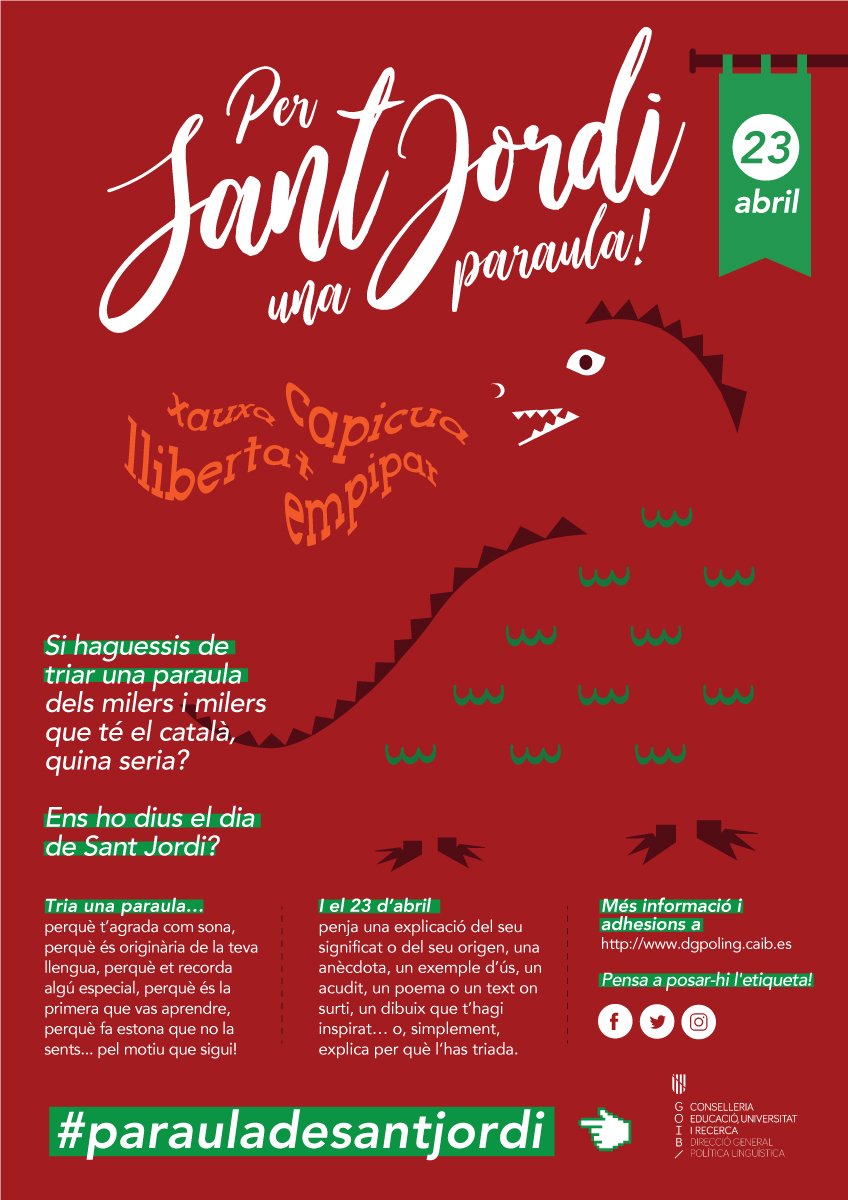 Ens adherim a la iniciativa "Paraula de Sant Jordi" i us animam a participar-hi! Triau una paraula que us agradi, que us soni bé, que fa estona que no sentiu o que us fa pensar en algú especial i compartiu-la a les xarxes avui!! #parauladesantjordi