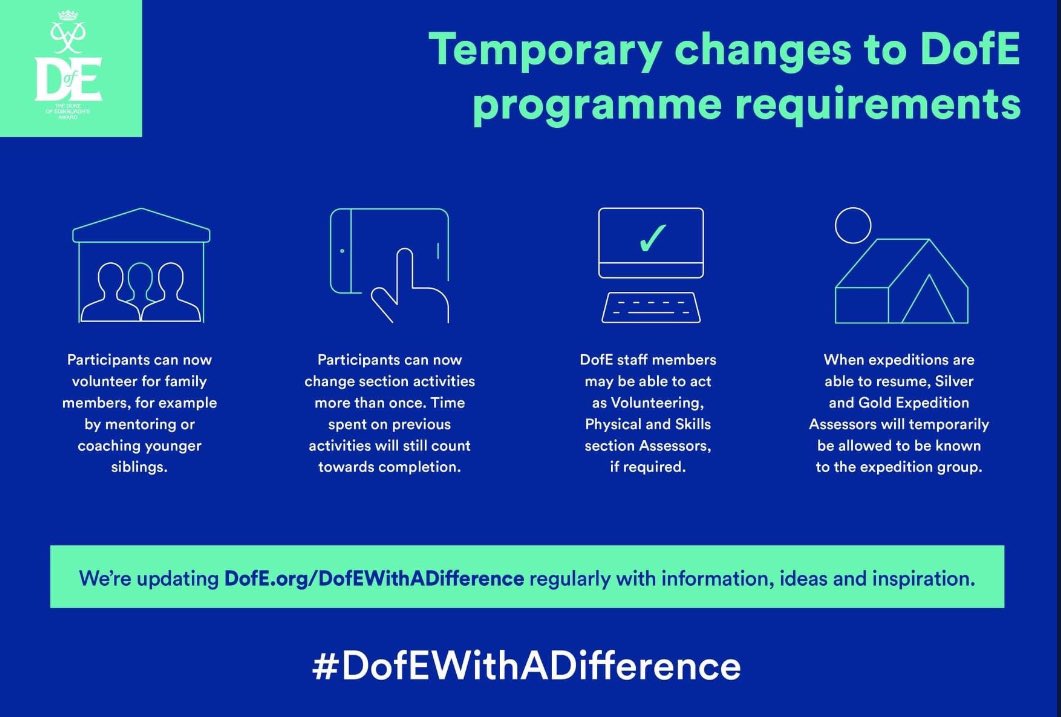 BrianVibeBDM's tweet photo. We have introduced some temporary programme changes to support our #DofE Leaders & participants to continue on their #DofEjourney during the current #COVID19 restrictions. If you haven’t already, have a look and get yourself involved #DofEwithadifference #Temporarychanges https://t.co/4CBbLx0SpU