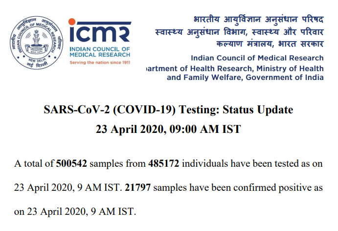 I don't consider morning updates in this thread, but since we did not have data for last 1-2 days here is it for today.UPDATE - 23 April 9:00 AMTotal Tests = 500542Total Individuals = 485172Total +ve = 21797Daily countTests = NA+ve = NA