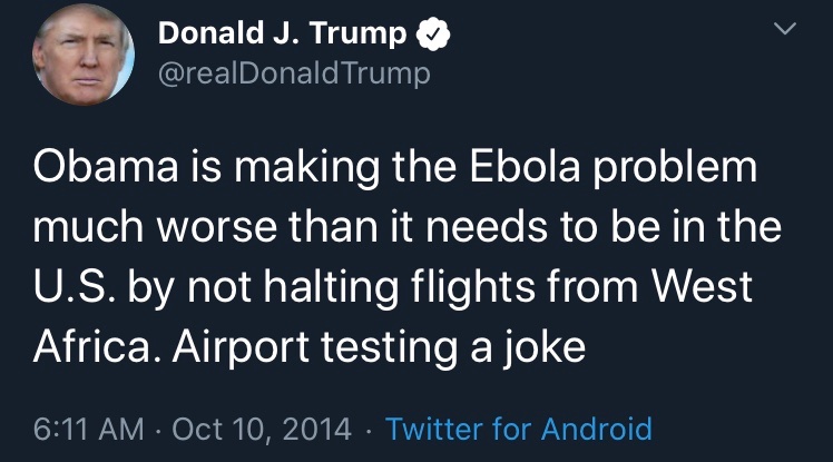 9/ When the US was fighting the Ebola crisis Trump loved to throw bombs from the sidelines. I see that he called for stopping flights and said airport testing was a joke. He sang a different tune for COVID-19, including not actually stopping all the flights (40k people came in).