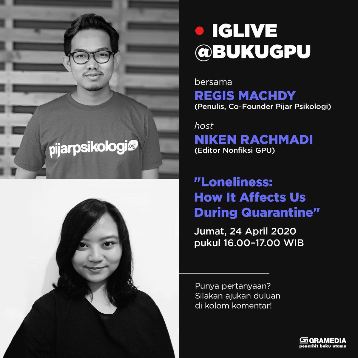 Hari Karantina yang ke...
Sudah lupa yang ke berapa.

Di antara kita pasti sudah ada yang merasa sendirian dan kesepian. Hmmm... Kenapa ya kita bisa ngerasa gini? Untuk menjawab pertanyaan ini, bsk bahas yuk bersama <a href="/regismachdy/">Regisda Machdy</a> &amp; <a href="/ken_rch/">Kenzo</a>  #bukugpu