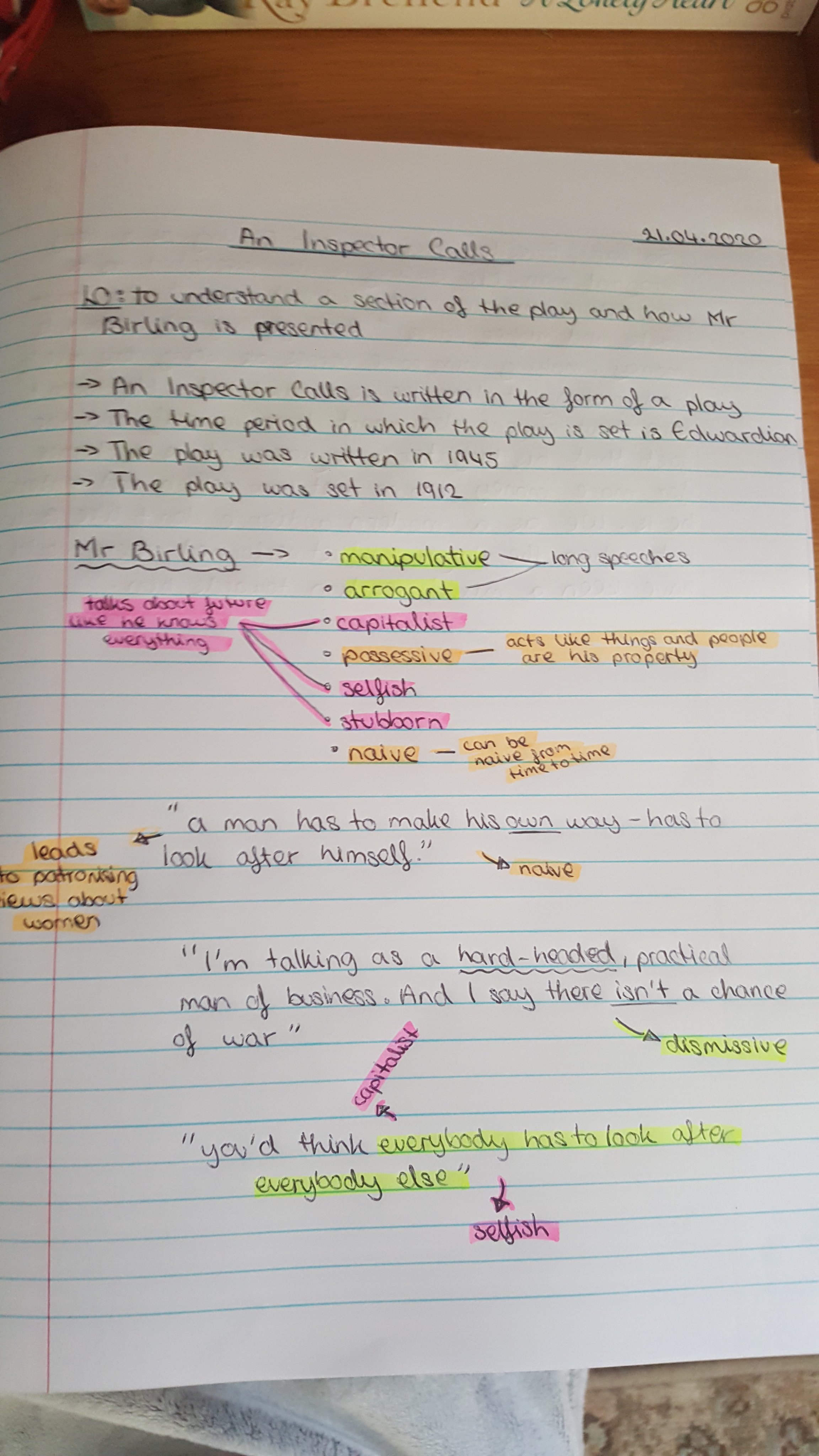 The Taunton Academy Well Done Valentina In Year 10 For Completing This Lovely Piece Of Work Reading And Analysing The Play An Inspector Calls By J B Priestley We Are So