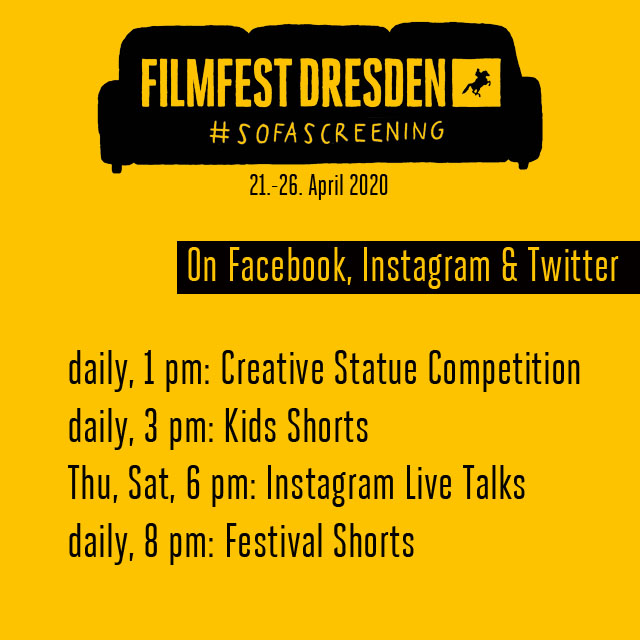 FilmfestDresden's tweet photo. Auch heute heißt es wieder #FFDDathome #sofascreening! Wir blicken auf unser Gewinnspiel, zeigen zwei schöne Kurzfilme und sprechen um 18 Uhr mit Christoph May im Insta Live Talk. Schaut mal rein! https://t.co/9Yhd6Le1UP