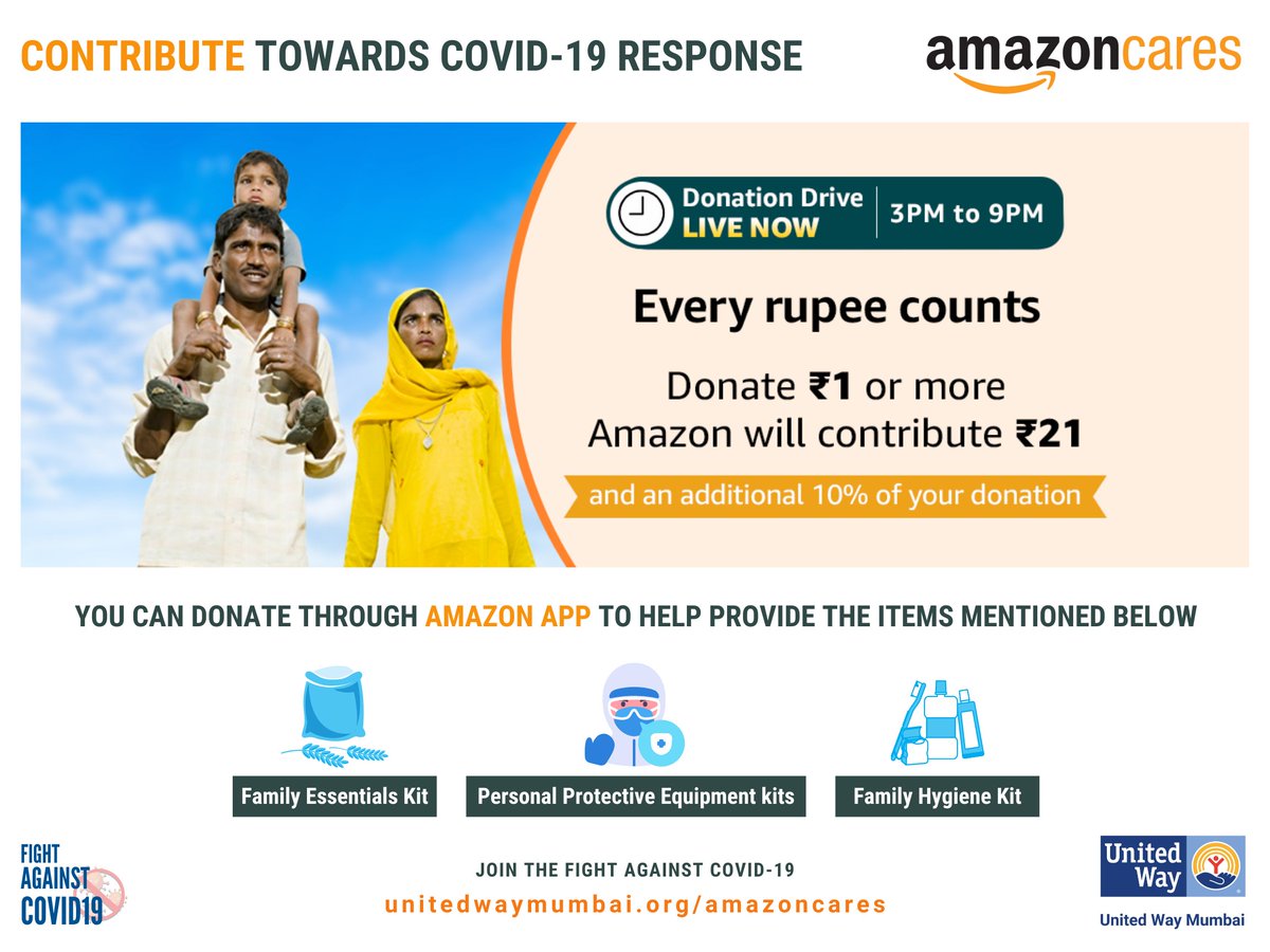 UWMumbai's tweet photo. Between 3-6 PM today for every rupee you donate @amazonIN will contribute Rs 21 & additional 10% of your donation to provide essentials to healthcare professionals & daily wage earners. Donate now: https://t.co/erH8rF77HD. #liveunited #COVID19 #AmazonCares #AmazonIndia https://t.co/1OoACyCS60