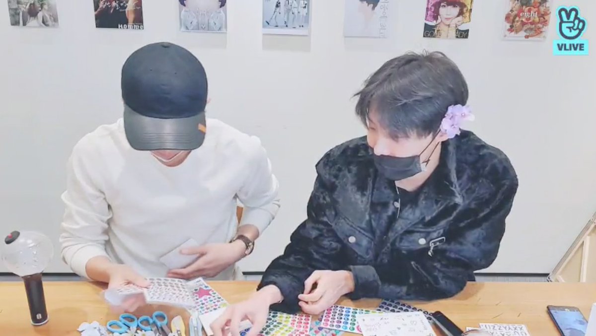 They begin by showing off their craft materials. RM says that a master craftsman doesn't blame his tools as they look confusedly at the stickers they're trying to place.
