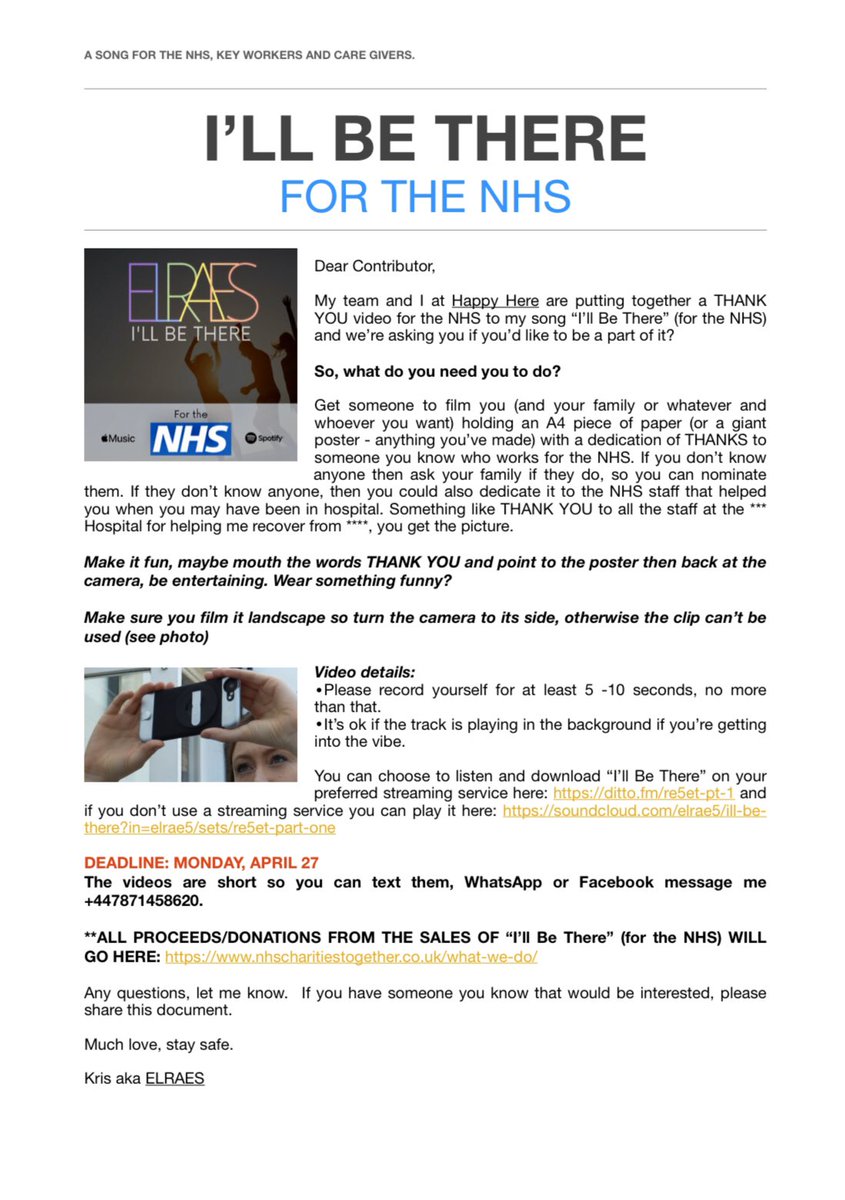 ELRAES_Official's tweet photo. Morning @DominicKingBBC could you please give us a shout out today? We’re asking people to send in 5-10 sec videos saying thank you to someone in the @NHSuk, care givers &amp; key workers. We’ll be making a video to my song “I’ll Be There” (for the NHS) thank you Kris &amp; @Happy_Here_ https://t.co/pIg2YYvIS6