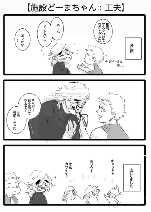【施設どーまちゃん:工夫】
マスク、鬱陶しいなと思いながら日々つけております(絵は描いてない) 