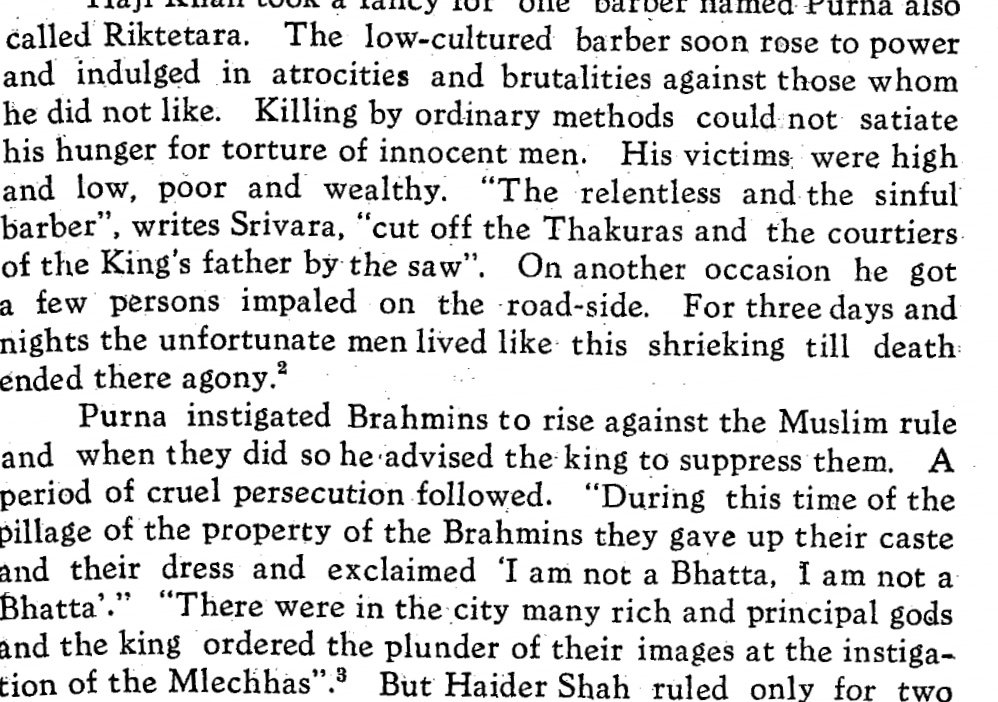 There was a barber ..purna was his name ... He converted and had haunted those who did not convert ... He made sultans to avenge and the hindus were persecuted .. they started burning of yagnopavits..the sacred threads ... in tons ... From the same book..