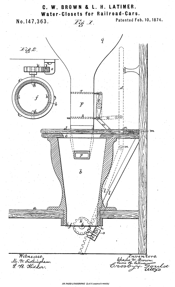 In 1874, Lewis Latimer co-patented a toilet system for railroad cars.In 1876, he was hired by Alexander Graham Bell to draft the illustrations of Bell's telephone patent.He then became an assistant manager and draftsman for Edison's rival at the U.S. Electric Lighting Company