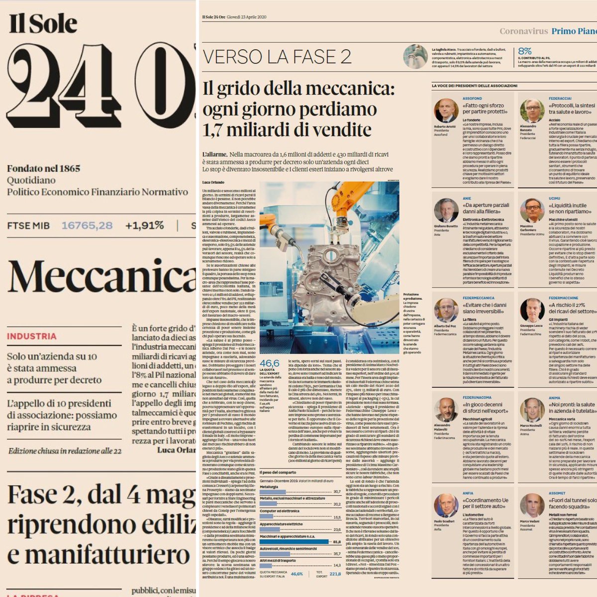federmacchine's tweet photo. L’appello congiunto dell’ #industria #meccanica italiana oggi sulle prime pagine de @sole24ore 

Il commento di #Lesce #Carboniero e molti altri presidenti.

@Assofond @ANIEAutomazione @Federmeccanica #federunacoma @ANFIA_it #federacciai @UCIMU #federmacchine @Fed_Anima @Assomet https://t.co/ItflRxghk0
