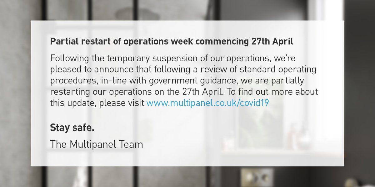 On Monday 27th April, we will be partially restarting our operations to safely begin production of Multipanel. To find out more and read our update in full visit the Multipanel blog: multipanel.co.uk/covid19