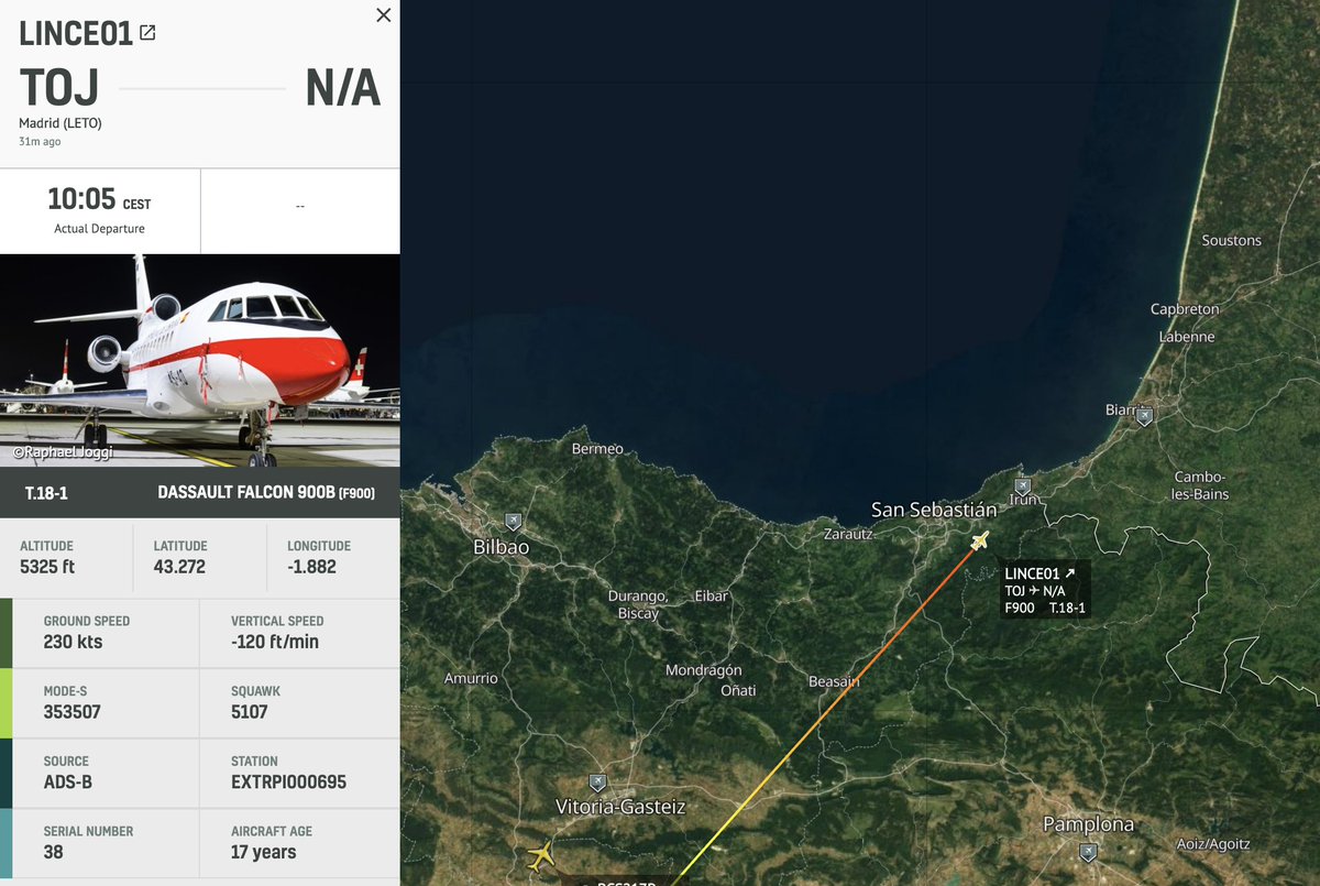 DonostiAir's tweet photo. @EjercitoAire Vuelve el #LINCE01 #Falcon900
Ahora en maniobra para aproximación a la pista 22 de #Hondarribia https://t.co/lYfXh1TlIE