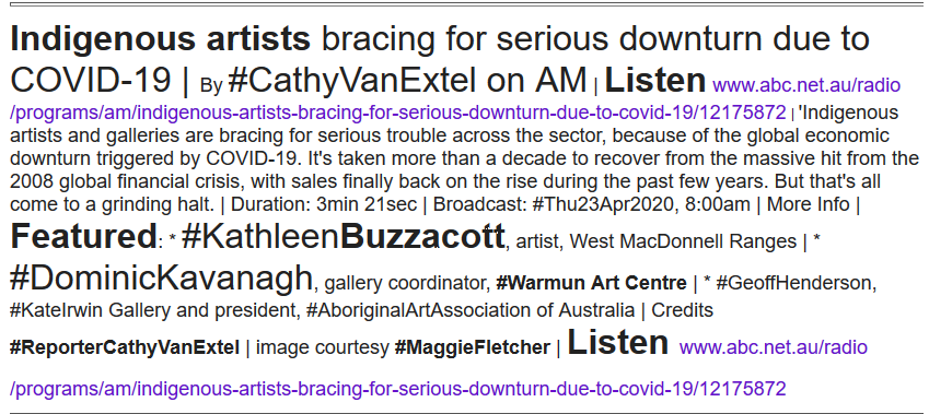 WgarNews's tweet photo. @RobRobbEdwards @BakchosGlass @lynlinking @RachelQuayle08 @WhteRbbnAdvocat @anne_clothier @janettj777 @noplaceforsheep @LadyPoop2 @OBallmark2 #AboriginalArtists bracing for #SeriousDownturn due to #COVID19Aus By #CathyVanExtel on AM | Listen https://t.co/w297O3Y8xv Credits #ReporterCathyVanExtel | Image #MaggieFletcher | ft #KathleenBuzzacott #AboriginalArtist, #WestMacDonnellRanges | #DominicKavanagh| #GeoffHenderson https://t.co/mkpAxpyTqB