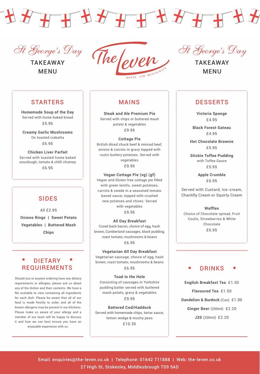 Happy St George’s Day 🏴󠁧󠁢󠁥󠁮󠁧󠁿 

Pre-order your St George’s Day takeaway via Facebook messenger. 
Collection and delivery available between 17:00 and 20:30  🏴󠁧󠁢󠁥󠁮󠁧󠁿 
#stgeorge #stgeorgesday #england #stokesley #takeaway #restaurant #theleven
