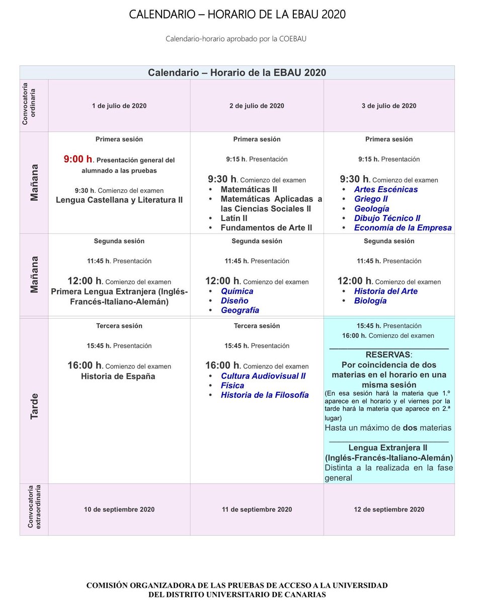 012gobcan Twitterissa Ebau 2020 Ya Esta Publicado El Calendario Por Dias Y Los Horarios Y Recuerda Convocatoria Ordinaria 1 2 Y 3 De Julio Convocatoria Extraordinaria 10 11 Y 12 De Septiembre Https T Co Sggq9pee3e calendario selectividad septiembre