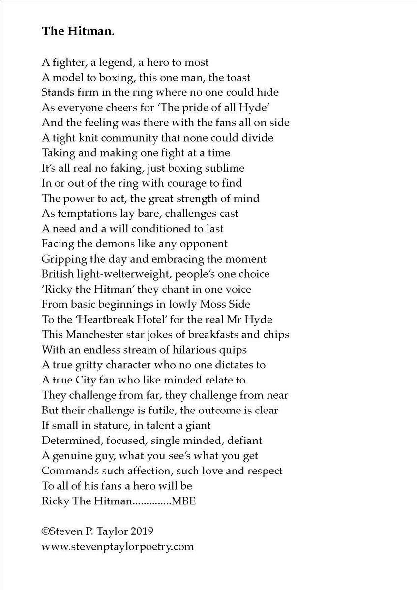 ⁦<a href="/HitmanHatton/">Ricky Hatton MBE</a>⁩ hope you are well. A friend of mine has written a poem about you