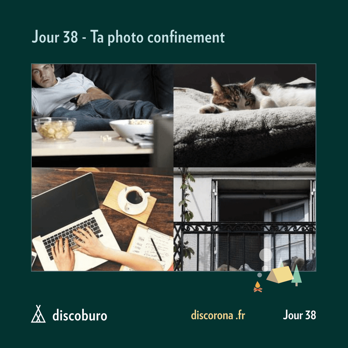 Aujourd'hui, on vous invite à fouiller dans votre pellicule et nous partager la photo qui résume le mieux votre confinement. 📸

Ca peut être également une phrase ou une publication qui vous a amusé. 

Répondez-nous en commentaire ou bien sur discorona.fr 🏕️