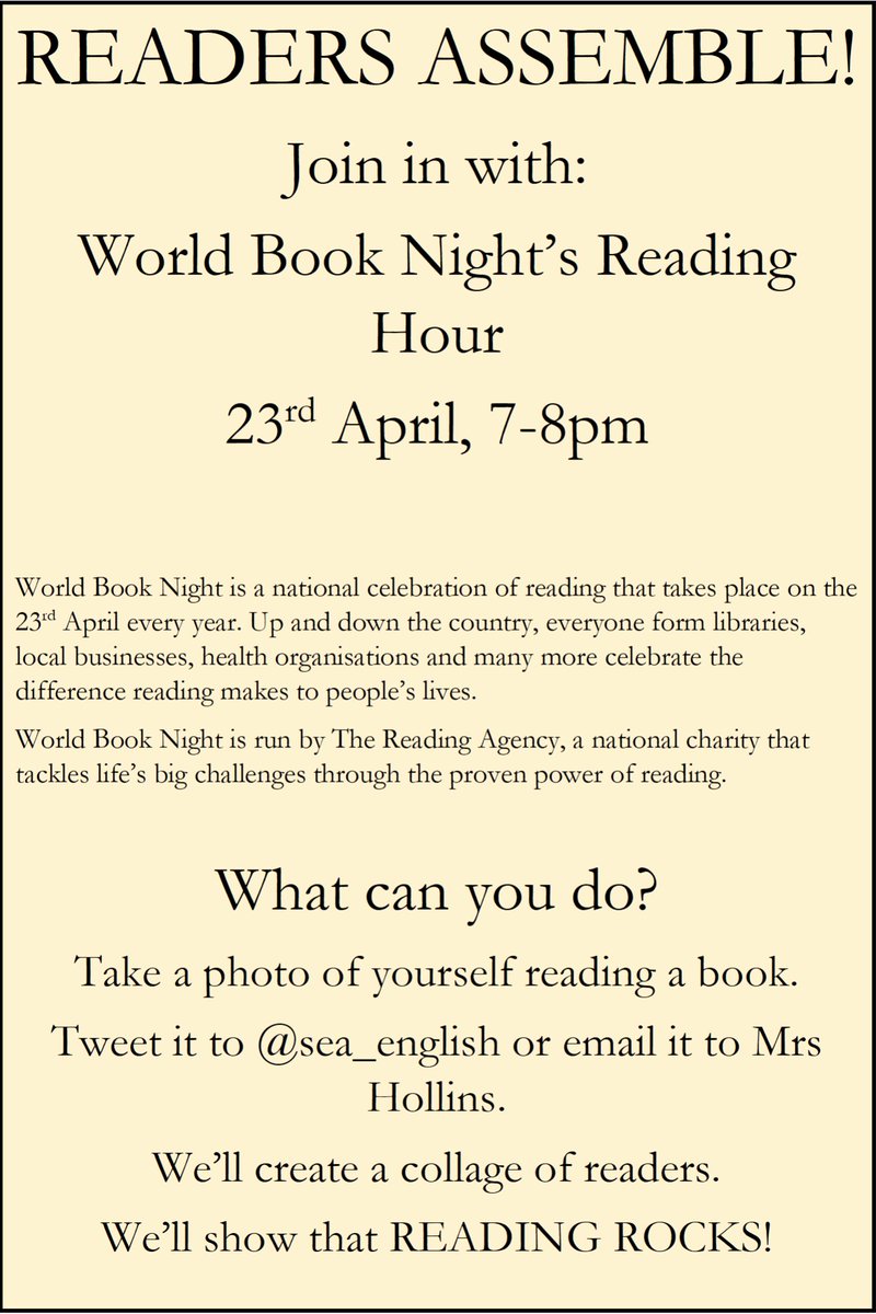 SEACHS1961's tweet photo. Don't forget to send a picture of yourself reading to Mrs Hollins @sea_english or by email! #readersassemble #readingrocks #welovetoread #english https://t.co/N5jVVfaWIi