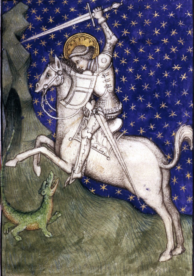  #stgeorgesday2020 In which St George shows great bravery and fortitude by harassing a small green dachshund (British Library Harley Ms 2952 f. 21r)  #ProtectDragonsFromGeorge