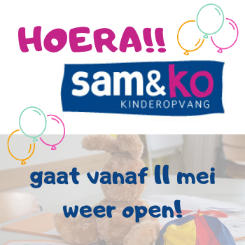 RasterDeventer's tweet photo. Hoera, vanaf 11 mei gaat Sam&ko weer open. Nog even volhouden, dan zien we elkaar hopelijk snel weer op alle locaties! #samenko #kinderopvang #raster #deventer @DeventerGem https://t.co/RYOgkacRSb
