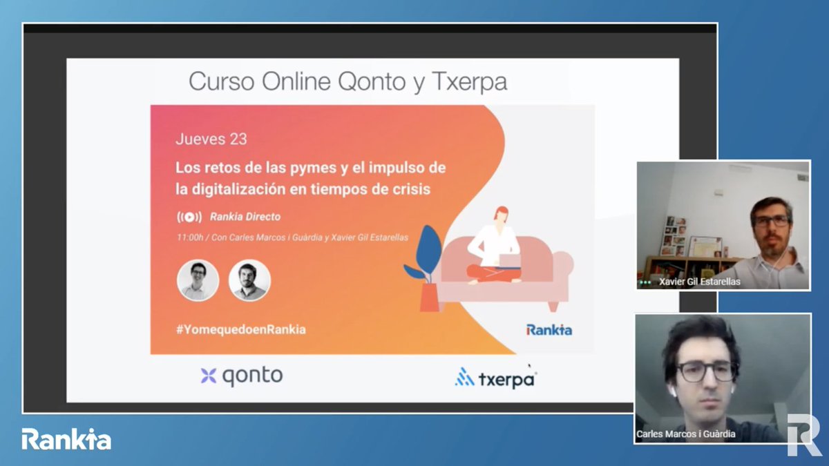 Ya en directo en #YomequedoenRankia <a href="/CarlesMarcos/">Carles Marcos</a> y <a href="/xgilest/">Xavi</a> hablando sobre la situación actual de las #empresas y #pymes, de la #crisis y cómo esta situación va a impulsar de manera más rápida el proceso de #digitalización.
youtube.com/watch?v=LTulBt…