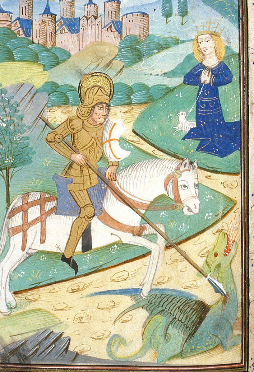 This friendly smiling minuscule dragon was just minding its business, when George turned up with his lance  #ProtectDragonsFromGeorge (British Library Ms Harley 2985 f. 25v)  #stgeorgesday2020