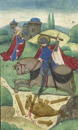  #stgeorgesday2020 In which St George cuts a small dragon into even smaller pieces  #ProtectDragonsFromGeorge (British Library Ms Sloane 2633 f. 23v)