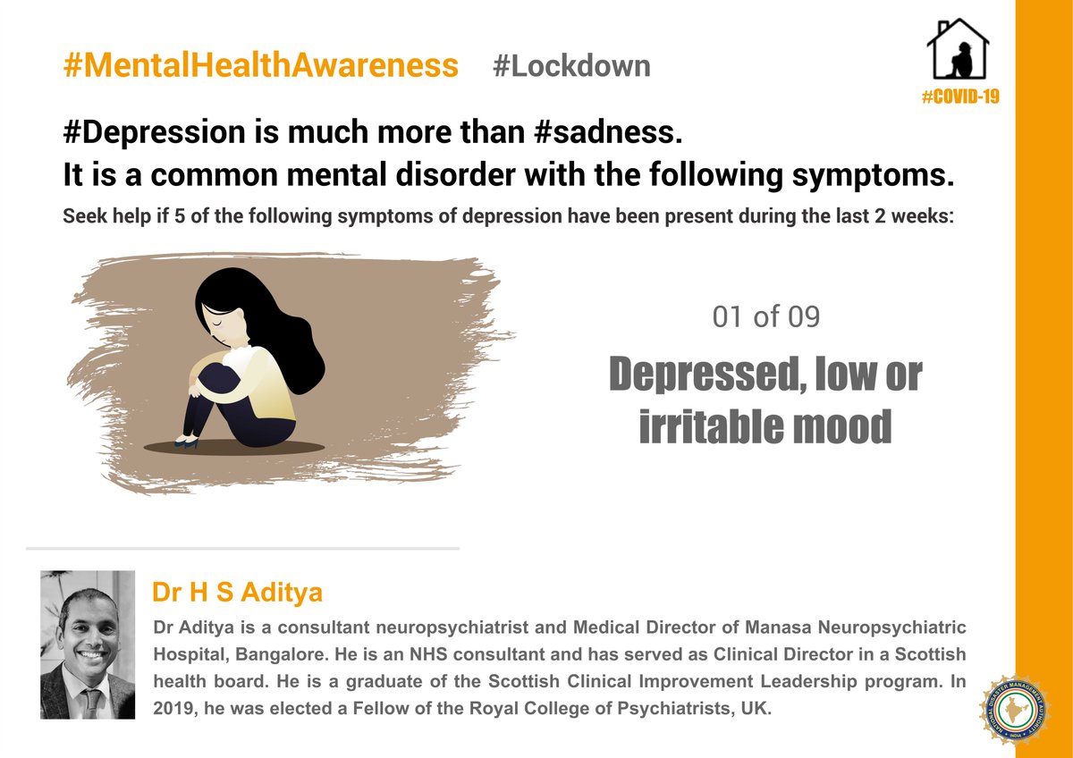 1/9 Symptom of  #Depression" #Depressed, low or irritable mood"Go through all the symptoms in this thread. Seek help if atleast 5 symptoms of depression have been present during the last 2 weeks:  #gethelp #MentalHealthAwareness