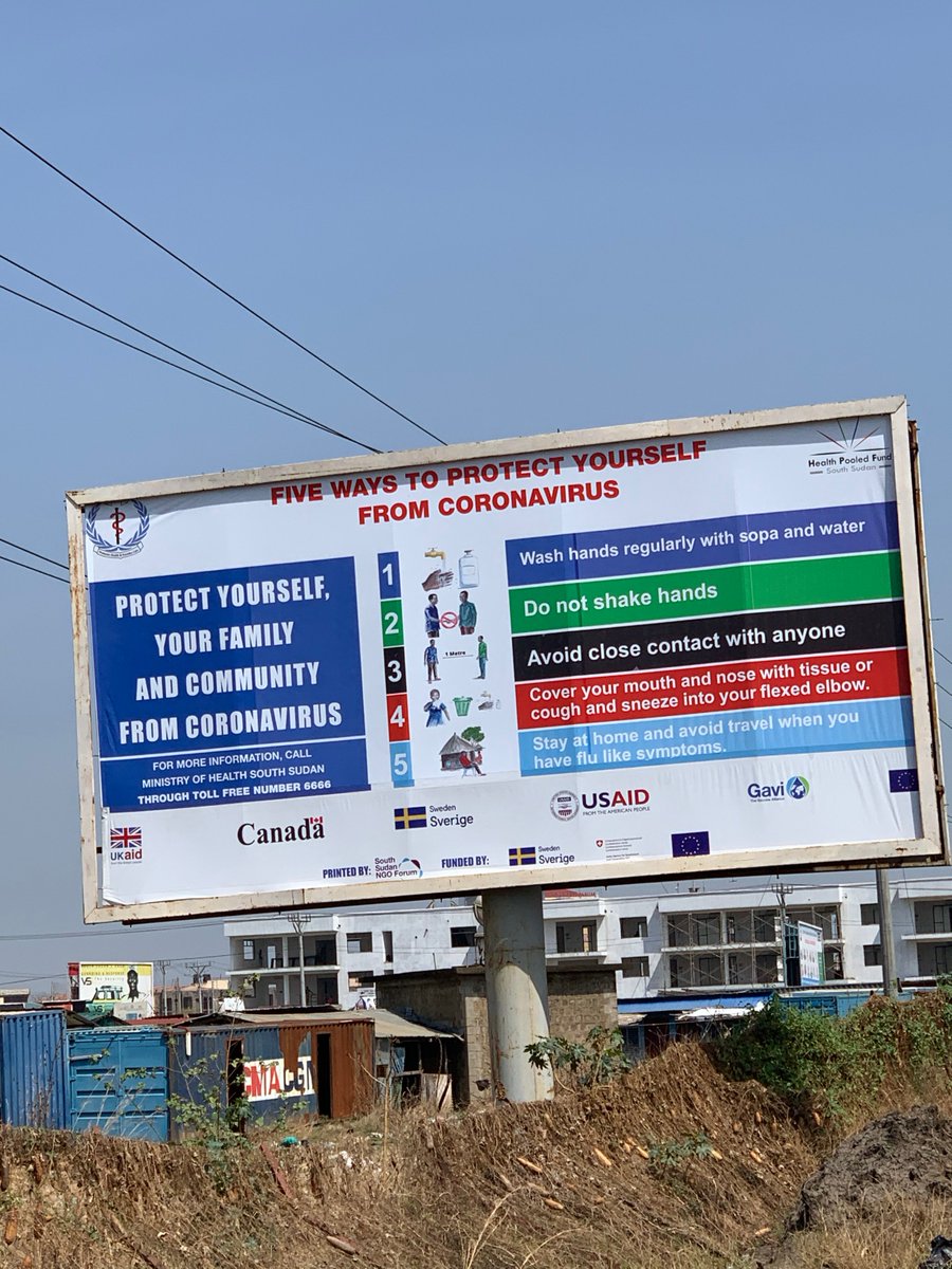 #Covid_19 : Have you spotted our #Covid_19 #RiskCommunication billboards around Juba? If yes, comment the location. If no, here is where our 10 billboards are located;
- Airport Road
- Muduria
- Kololo
- Gumbo
- Custom
- Lologo
- Kator
- Gudele
- Konyokonyo
- NS round-about
#SSOT