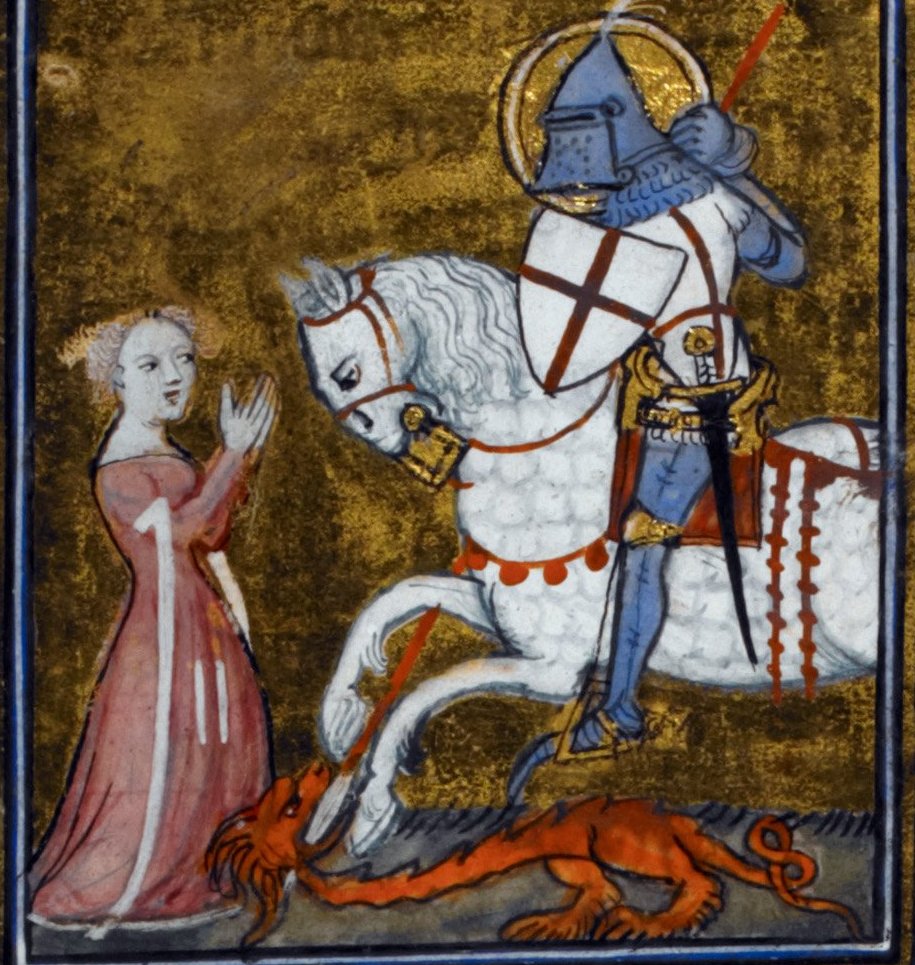  #stgeorgesday2020 Where gung-ho St George doesn't hear the princess explain that the teensy red dragon is her pet, named Sebastian  #ProtectDragonsFromGeorge (British Library Ms Royal 19 B XVII f. 109)