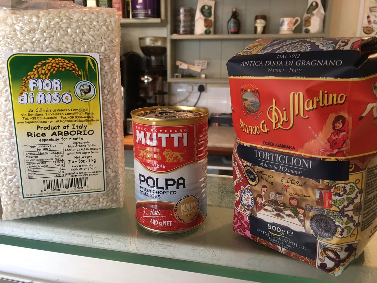 NickwHoward66's tweet image. Just had a restock of our fab Martino brand Fusilli (any guesses as to who’s design is on the bag?) plus chopped Italian tomatoes and Arborio rice (for local Asparagus risotto surely). We’re open 9-3 again plus there’s sausage rolls of course