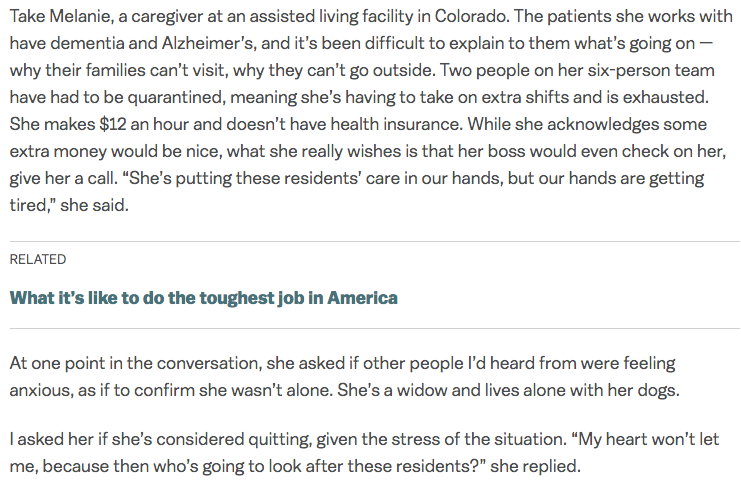 Melanie, a caregiver at an assisted living facility for patients with dementia and Alzheimer's, makes $12 an hour and says she can't quit because her heart wouldn't let her. But she wishes her boss would check in on her.