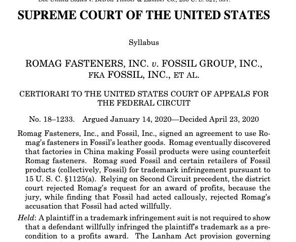 BREAKING: #SCOTUS rules #trademark infringers can be forced to hand over their profits to a brand owner even if they haven’t violated the law willfully.