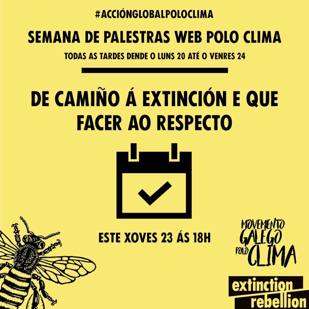 💚 "De camiño a extinción e que facer ao respecto", este xoves 23 ás 18h, palestra das compas de <a href="/XRGaliza/">XRGaliza</a> dentro da Semana de Palestras polo Clima organizada polo @MovementoGalegoPoloClima. Actuemos pola saúde do planeta. #AcciónGlobalPoloClima
Ligazón:
meet.jit.si/XOV23-DECAMIÑO…
